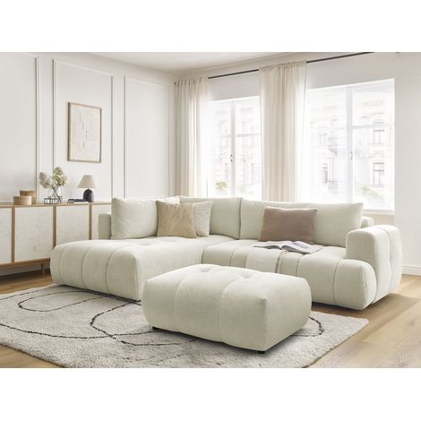 BOBOCHIC - Canapé d'angle L convertible FUJI tissu lisse avec pouf Angle gauche Beige (1/5)