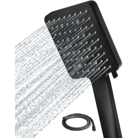 Pommeau de douche à main carré haute pression avec tuyau de 1.5 m - 6 modes de pulvérisation - Noir (1/4)