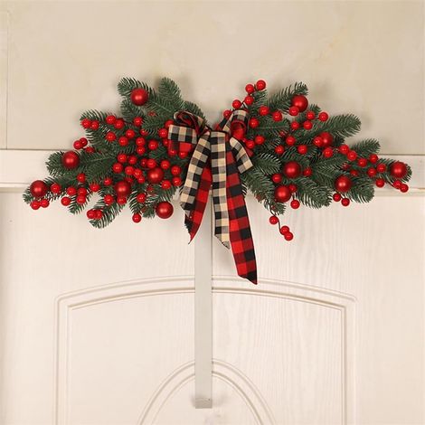 Guirlande De Noël En Forme De Larme - 70 Cm - Baies Rouges Et Nœud En Tissu - Pour Porte D'Entrée Fenêtre Cheminée (1/5)
