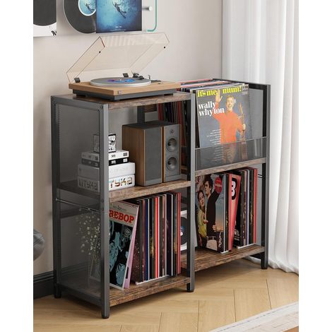 Meuble Platine Vinyle Vintage, Noir Support pour 200 Albums, 3 Niveaux, Métal Étagère de Rangement Disques pour Salon (1/5)