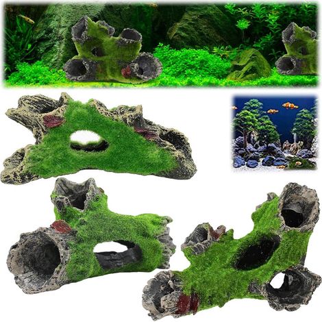 Décoration d'Aquarium Lot de 3 Grottes de Poisson en Résine Ornement de Tronc d'Arbre Synthétique avec Mousse Artificielle pour Cachette de Crevettes et Petits Poissons Accessoires de Paysage Aquatiqu (1/5)