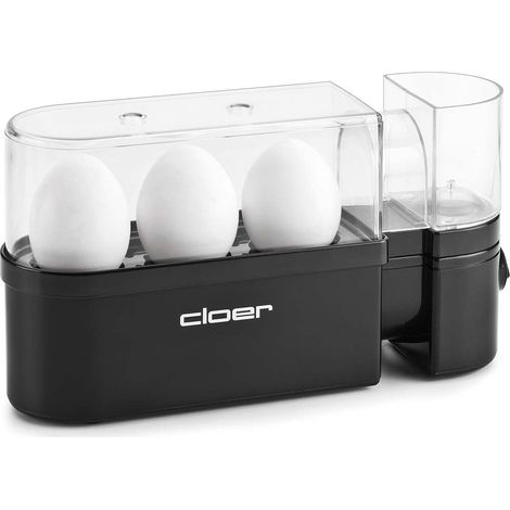 Cuiseur à Œufs pour jusqu'a 3 oeufs, Information acoustique quand prêt, Verre mesureur avec pique-oeuf integré dans le couvercle, Porteur pour les oeufs amovible, 300 W, noir (1/5)