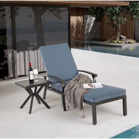 Chaise longue d'extérieur en aluminium bleu et bronze, dossier réglable 5 positions, avec coussin en polyester (1/5)