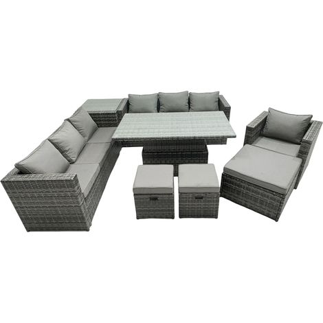 Fimous PE Rattan Garden Furniture Set Lounge Sofa Rising Dining Table Set with Side Table 3 Footstool Dark Grey Mixed (1/5)