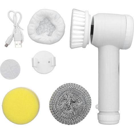 Balai rotatif électrique rechargeable, brosse de nettoyage sans fil avec 4 têtes pour salle de bain, cuisine, baignoire, carrelage et évier - Blanc (1/5)