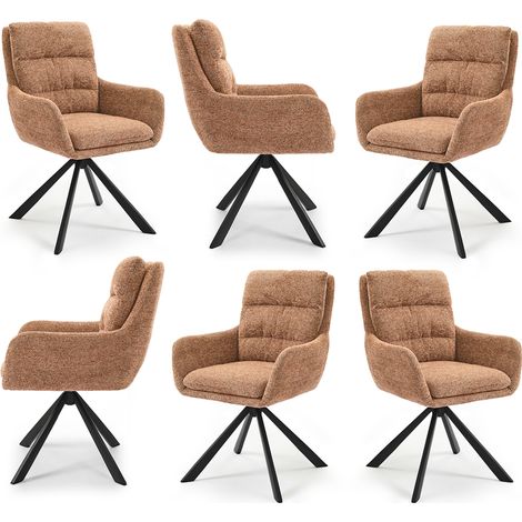 Bon Furni Chenille Chaise de salle à manger Orange, Lot de 6, pivotante 360°, dossier segmenté, accoudoirs et pieds en métal robustes
