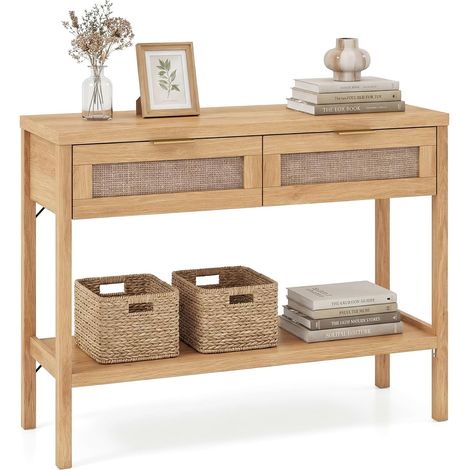 Table Console en Rotin, Table d'Entrée, avec Étagère Ouverte et 2 Tiroirs, Anti-Basculement, pour Salon, Entrée, Couloir, 100 x 35 x 76 CM (Naturel) (1/5)