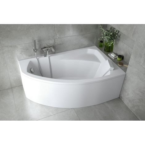 ECOLAM Baignoire d'angle Rima 160x100 cm droite tablier acrylique Appuie-tête pieds siphon + silicone Set complet (1/5)