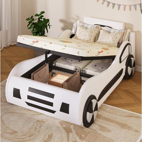 Lit voiture enfant 90 x 200 cm en MDF et PU blanc avec sommier et rangement, sans matelas FloraGrace (1/5)