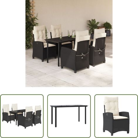 Gartentisch - 5-tlg. Garten-Essgruppe mit Kissen Schwarz Poly Rattan (1/5)