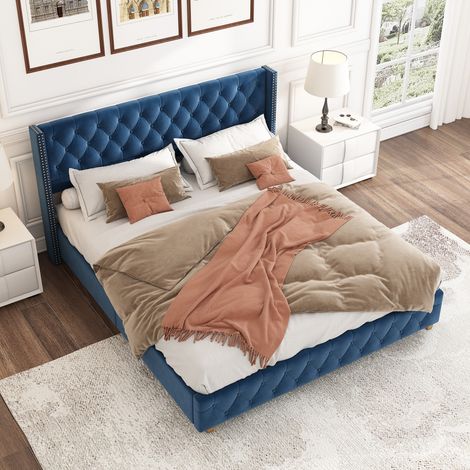 Lit coffre 160x200 cm avec sommier et tête de lit, capitonnage à boutons, cloutage décoratif, pieds en bois, velours bleu (1/5)