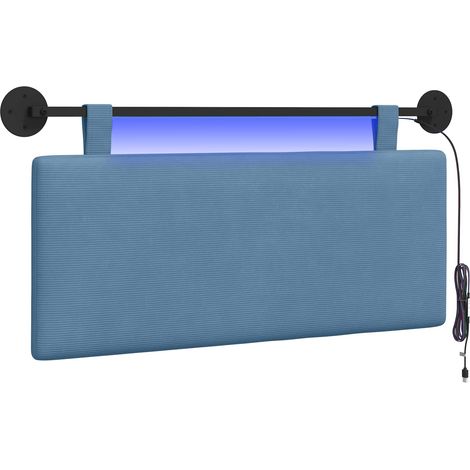 Tête de lit suspendue murale avec bande lumineuse LED velours côtelé bleu 110 x 55 cm (1/5)