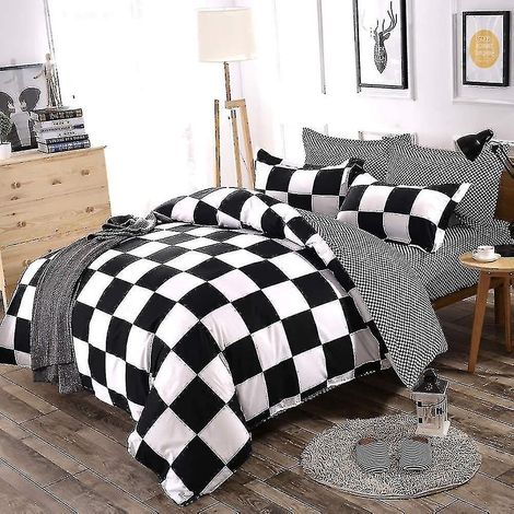 Housse de couette à carreaux + 2 taies d'oreiller - Parure de lit réversible géométrique noire et blanche pour 2 adultes (1/5)