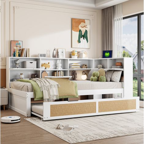 MEUBLIV Lit 90x200 cm blanc – avec lit gigogne, rangements et charge USB, sans matelas (1/5)