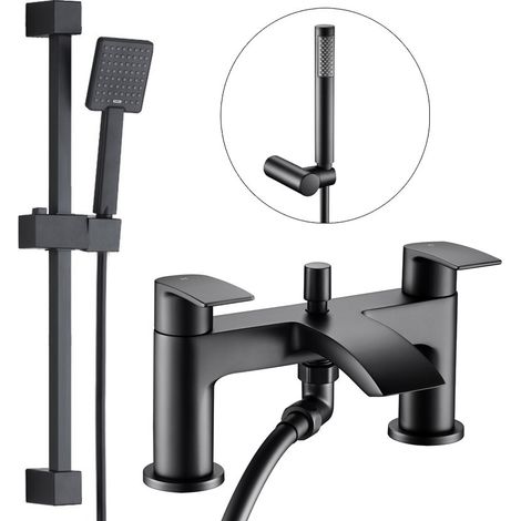 Square Matt Black Bath Mixer Shower Waterfall Tap Deck Mounted + Riser Rail (1/4)