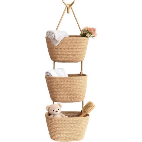 Panier mural à 3 étages en corde de coton - Organiseur de rangement tissé avec design en jute pour chambre à coucher, salle de bain, cuisine et salon (1/5)