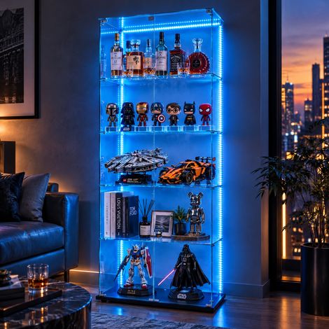 JOOKGBD–Glasvitrine Standvitrine mit LED,5 Glasböden,2 Türen mit Schloss,Vitrinenschrank für Sammlungen,Bücher,Modelle,Wohnzimmer,Büro,Schwarz