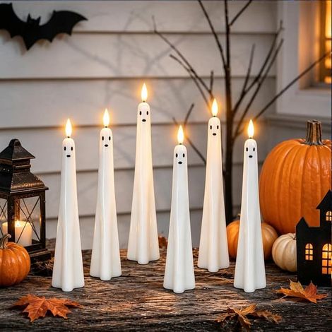 Lot de 6 bougies coniques d'Halloween, bougies LED sans flamme fonctionnant sur piles, avec capteur de lumière et mèche 3D, bougeoirs décoratifs pour dîner d'Halloween, fête et décoration de table (1/5)