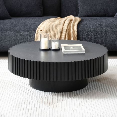 Tavolino da caffè rotondo in MDF nero Ø80x35 cm con scanalature decorative, design moderno, OKWISH (1/5)