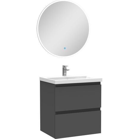 Ensemble meubles Salle de Bain Anthracite 50cm simple vasque + miroir lumineux rond