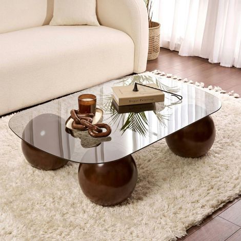 Table basse verre fumé bords arrondis 4 pieds boule KOCHI (1/5)