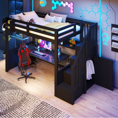 Cama alta 90x200 cm negra en madera con escalera, armarios, almacenaje y iluminación LED (1/5)