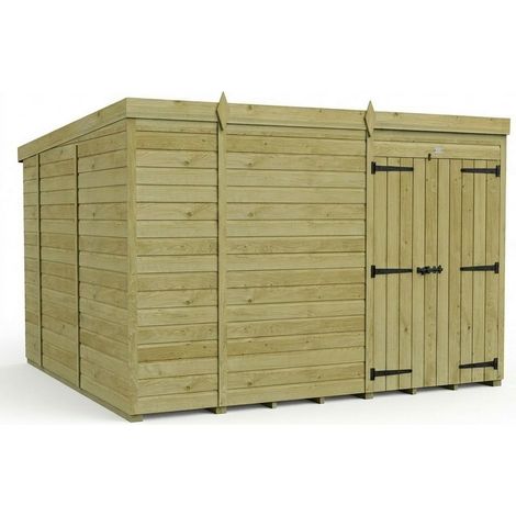 10ft x 10ft Pent Garden Shed Double Door No Windows - Pressure Treated Timber - L305 x W305 x H210 cm - Natural