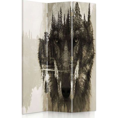 Paravent Loup Mystique en Forêt - Décoration Nature 3 Volets - 110 x 180 cm - 1 face déco, 1 face noir (1/5)