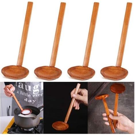 Cuillère en bois japonaise longue pour ramen – Lot de 4 cuillères à soupe artisanales en bois naturel, manche ergonomique (1/4)