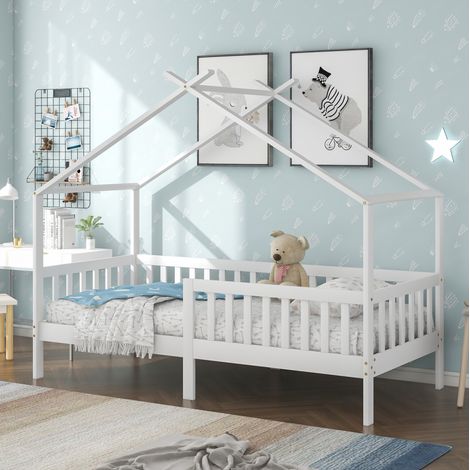 Kinderbett Massivholz Weiß 90x200 cm, Hausbett mit Sicherheitszaun und Lattenrost (1/5)