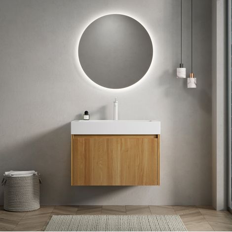 Lavabo suspendido de 70 cm de resina blanca y madera natural con almacenaje FloraGrace (1/5)