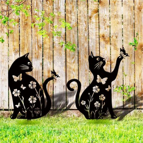 Piquets de chat noir, piquets de jardin décoratifs, décoration de jardin, statue silhouette de chat en métal, décoration de pelouse extérieure, (1/5)