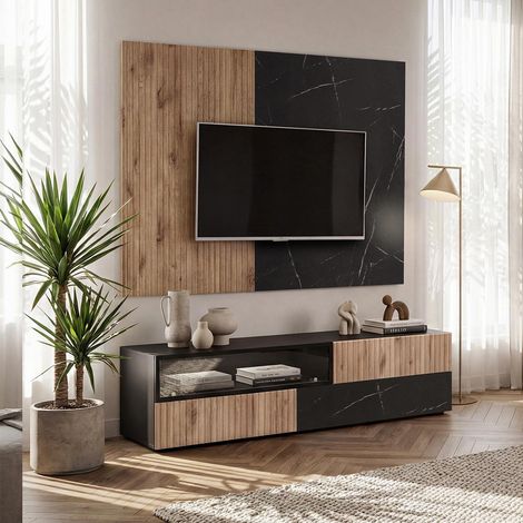 Ensemble Meuble TV Mural "Cannes I" 180cm Noir & Naturel