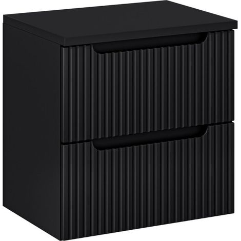 Wandhängendes Badezimmer-Set VANO 60cm: Unterschrank mit vertikal gerillten Schubladen + matte schwarze Waschtischplatte