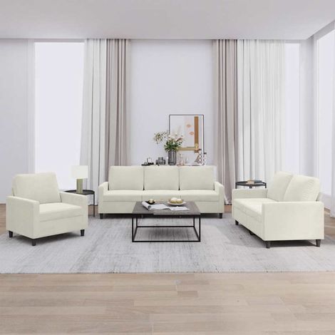 3-tlg. Sofagarnitur mit Kissen Creme Samt