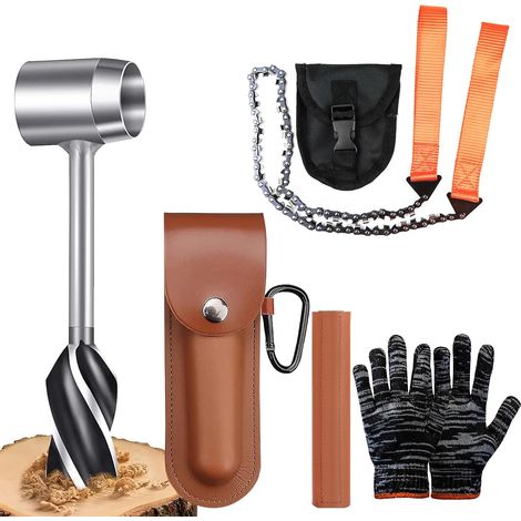Manual Wood Auger with Leather Case Multi-purpose Hand Chain Saw and Work Gloves Survival Tool for Hiking, Camping and Adventures, Bushcraft, Silver (1/5)