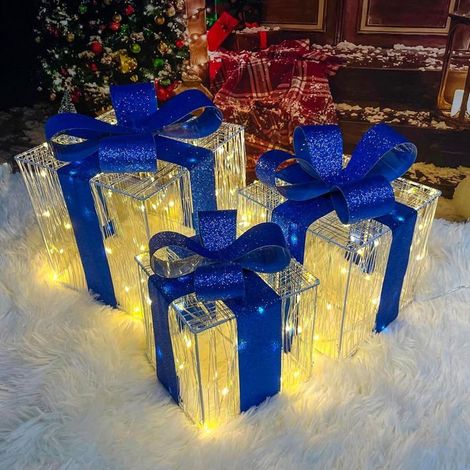 Décorations de Noël, Coffret cadeau de 3 lumières de Noël 140 pièces Lumières LED Décorations de cadeaux de Noël (Bleu) (1/5)