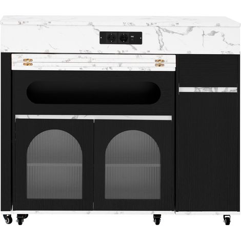 Isola cucina su ruote estensibile in MDF nero con piano effetto marmo e prese (1/5)