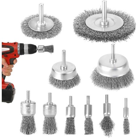 Lot de 10 brosses métalliques pour perceuse, roue métallique pour perceuse, tige de 1/4", acier au carbone, kit de fixation pour nettoyer la rouille, le bois, enlever la peinture, le polissage (1/5)
