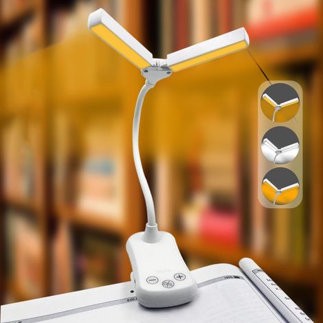 Lampe De Bureau Double Tête - 14 Led - 3 Couleurs Et 8 Niveaux De Luminosité - Batterie Rechargeable 1000 Mah - Clip Et Pied Stable - Pour Bureau Dortoir Lecture (1/3)