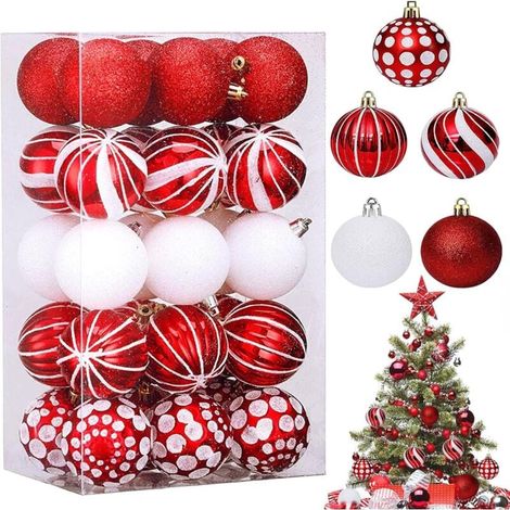 Pack De 30 Boules De Noël Rouge Et Blanches, Décoration d'arbre De Noël Classiques 6cm Rouge, Boules De Noël en Plastique, pour Décorations Sapin Noël,Une Ambiance Chaleureuse Joyeux Noël (5 Styles). (1/4)