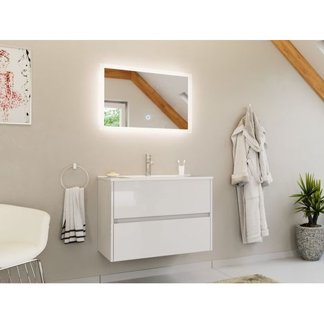 Badmöbelset Taifun 80cm 2 tlg. Waschtisch und LED Spiegel weiss hochglanz