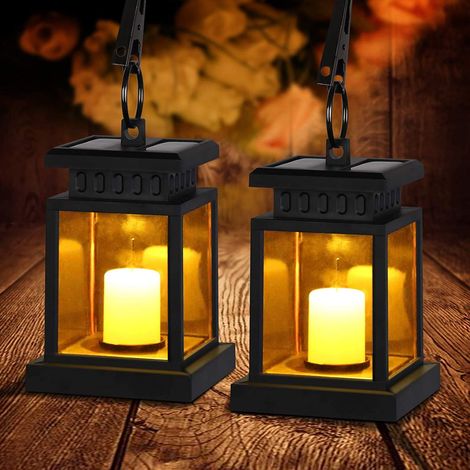 Lot de 2 lanternes solaires d'extérieur avec effet vacillant de bougie LED, lampes solaires pour extérieur, étanches IP55, jaune (1/5)