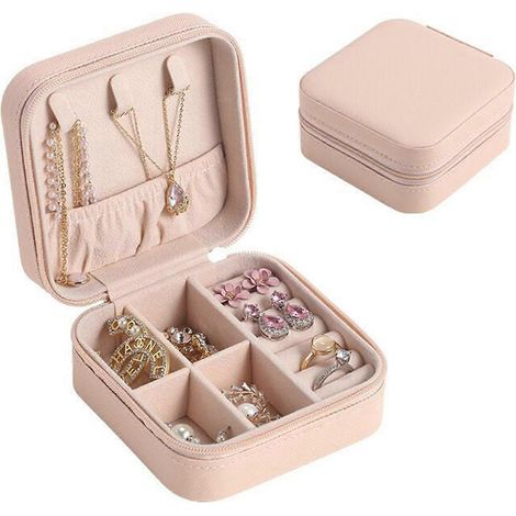 Boîte de rangement à bijoux rose poudré, idéale pour offrir ou ranger boucles d'oreilles, colliers et bagues. Parfaite pour la maison ou le bureau. (1/3)