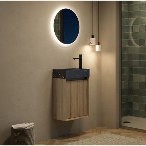 Mueble lavabo mural 40 cm con lavabo integrado de mármol negro, armario roble blanco (1/5)