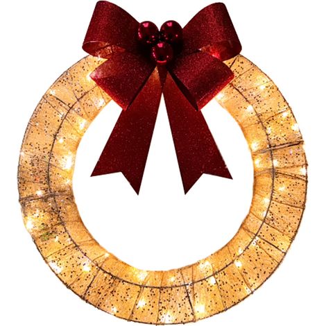 20-Zoll-Weihnachtskranz mit Beleuchtung, LED-Metall-Weihnachtsdekoration für den Außenbereich, Haus und Garten, Schleife – Gold/Rot (1/5)