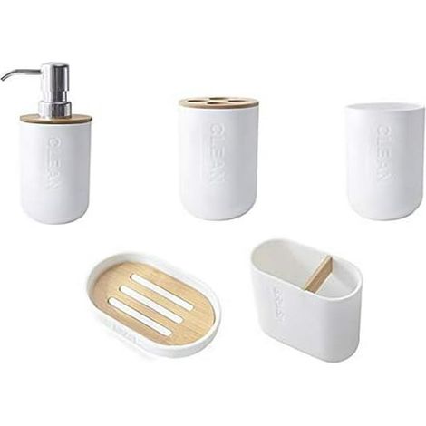Lot de 5 accessoires de salle de bain en bambou et verre : porte-brosse à dents, distributeur de savon, porte-savon, finition brillante (1/4)