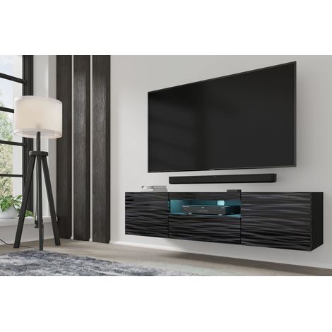 TV-Schrank Aura Schwarz Sahara 150x37x42 cm, Hängend oder Stehen,Universal Fernsehschrank, Lowboard mit Stauraum, Kabelöffnung, Wohnzimmer Schwarz Sahara mit Blauer LED-Beleuchtung