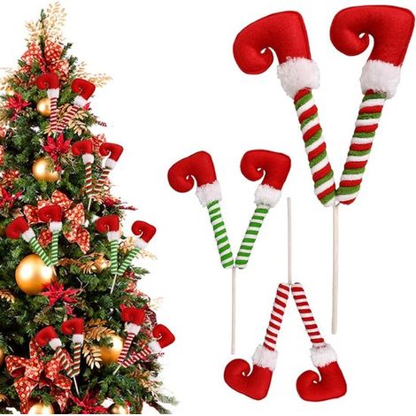 Zampe per albero di Natale - Ciuffi di peluche - Decorazione natalizia - Zampe di peluche a righe - 3 pezzi - Rosso Bianco (1/5)