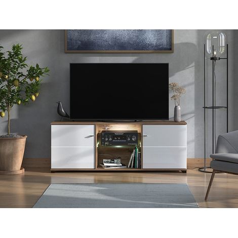 TV-Schrank Cedegolo, 4 Regale, 2 Türen, Glasregal, 157x40x59,5h cm Weiß (1/5)